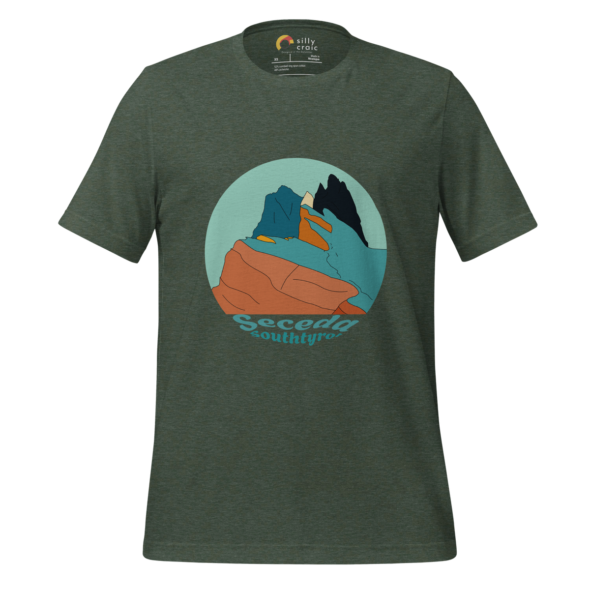 Seceda Retro men's t-shirt in Heather Forest – front print design