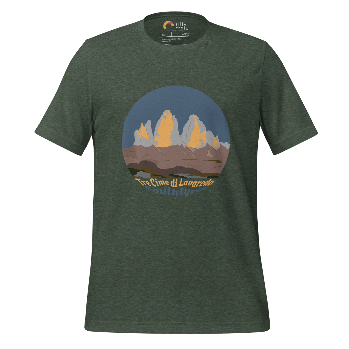 Tre Cime di Lavaredo men's t-shirt in Heather Forest – front print design