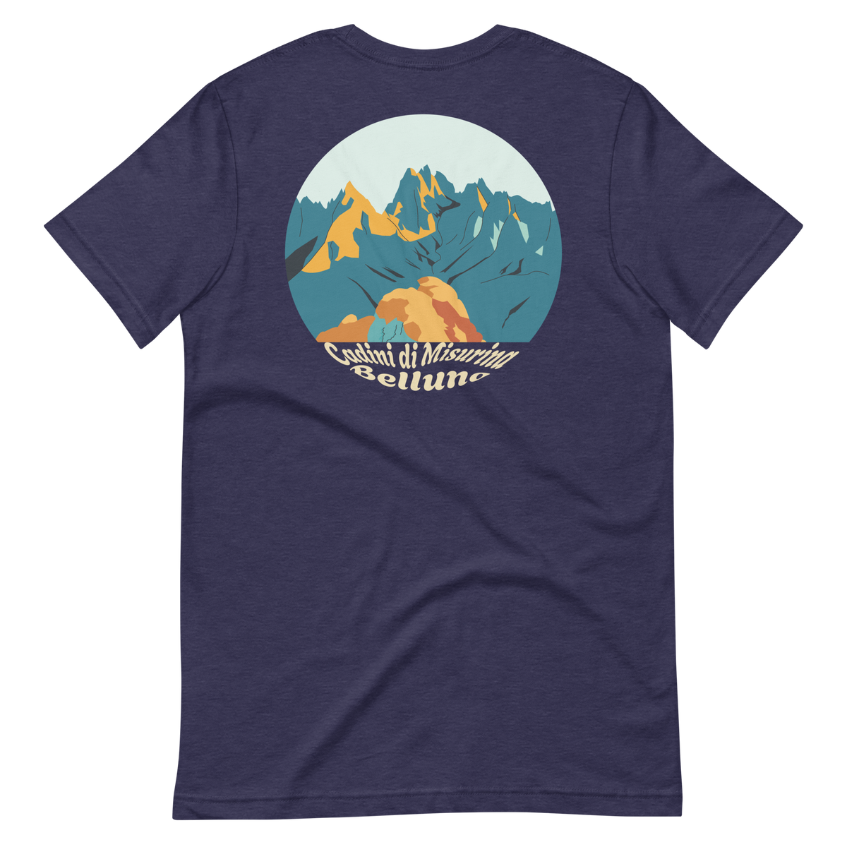 Cadini di Misurina men's t-shirt in Heather Midnight Navy – back print design