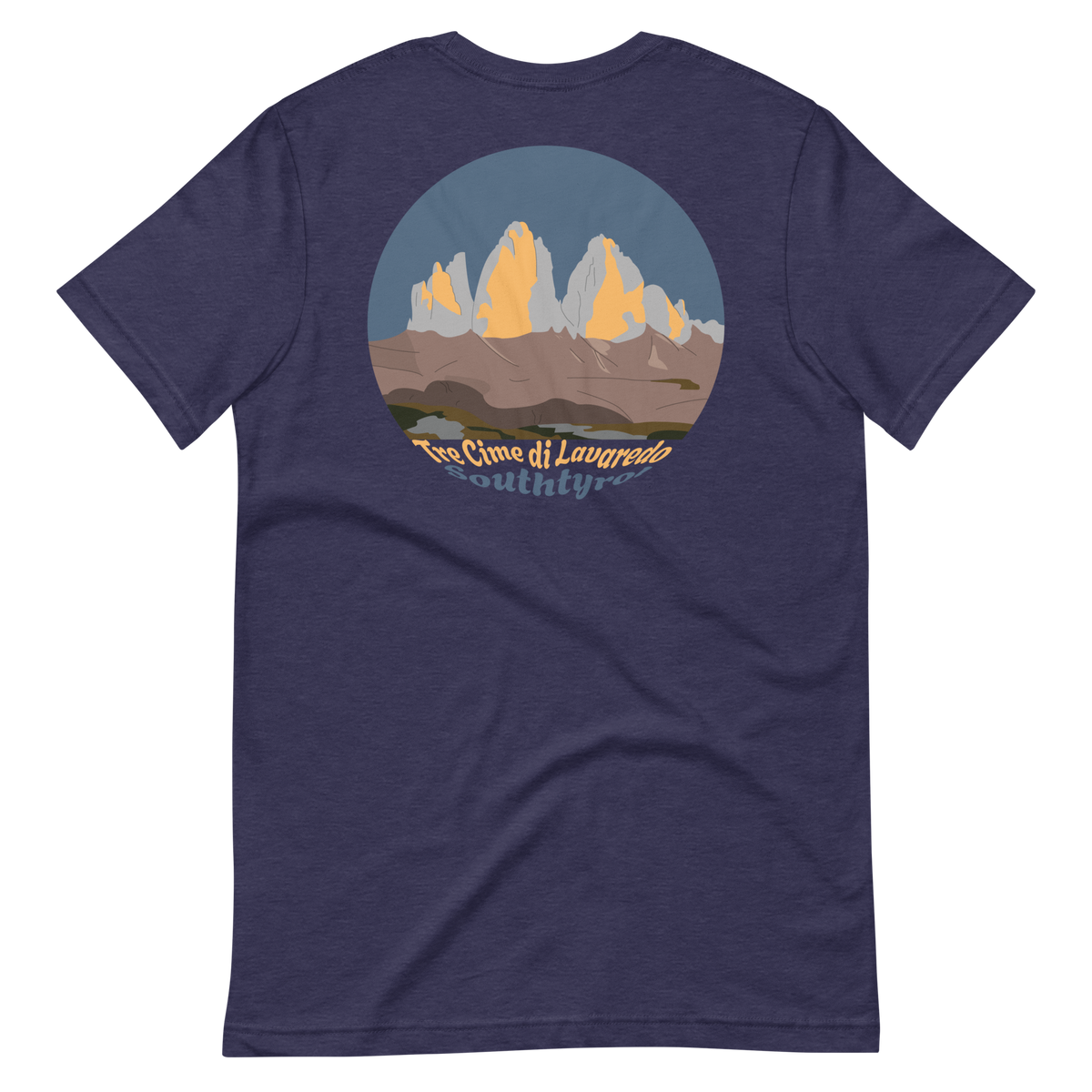 Tre Cime di Lavaredo men's t-shirt in Heather Midnight Navy – back print design