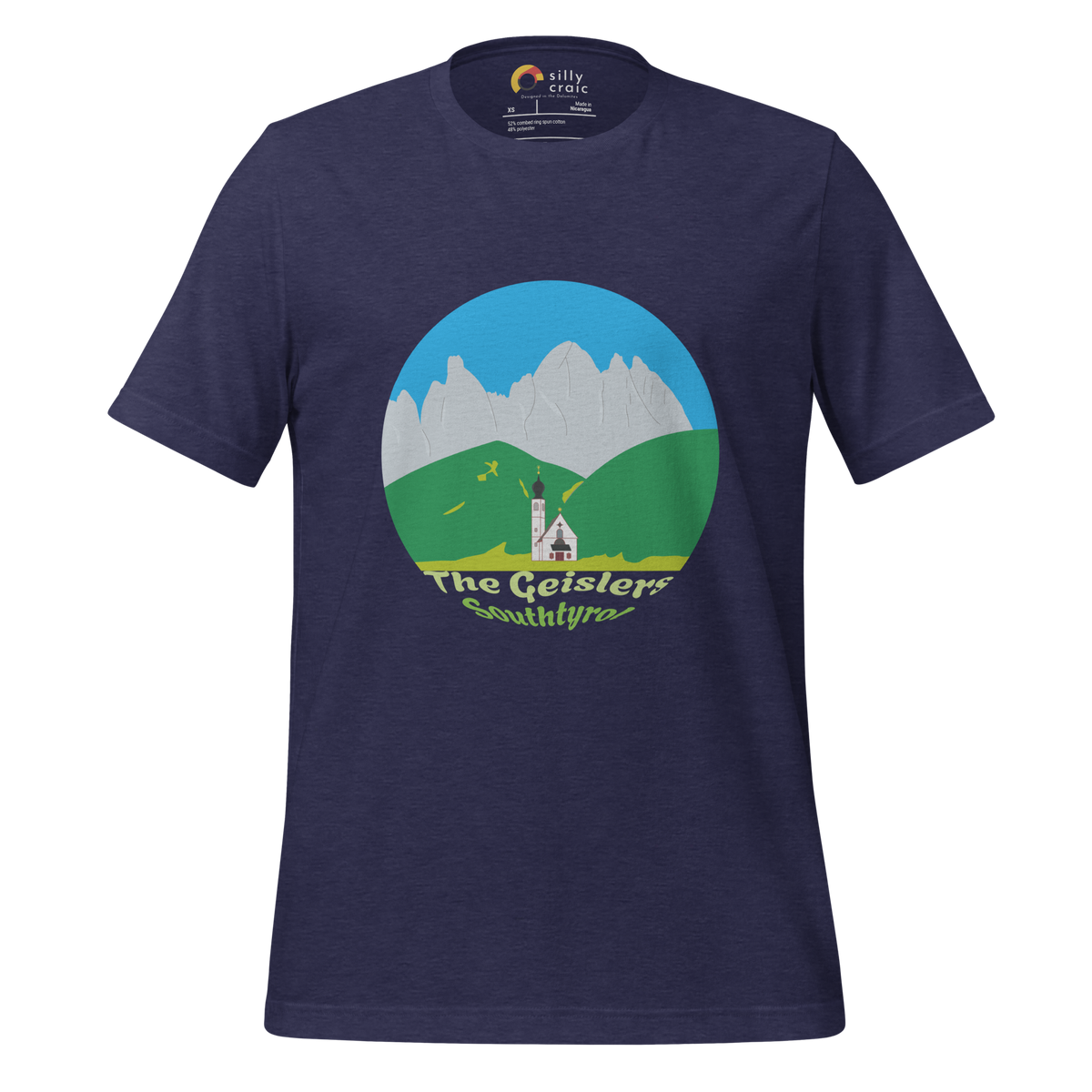 The Geislers men's t-shirt in Heather Midnight Navy – front print design