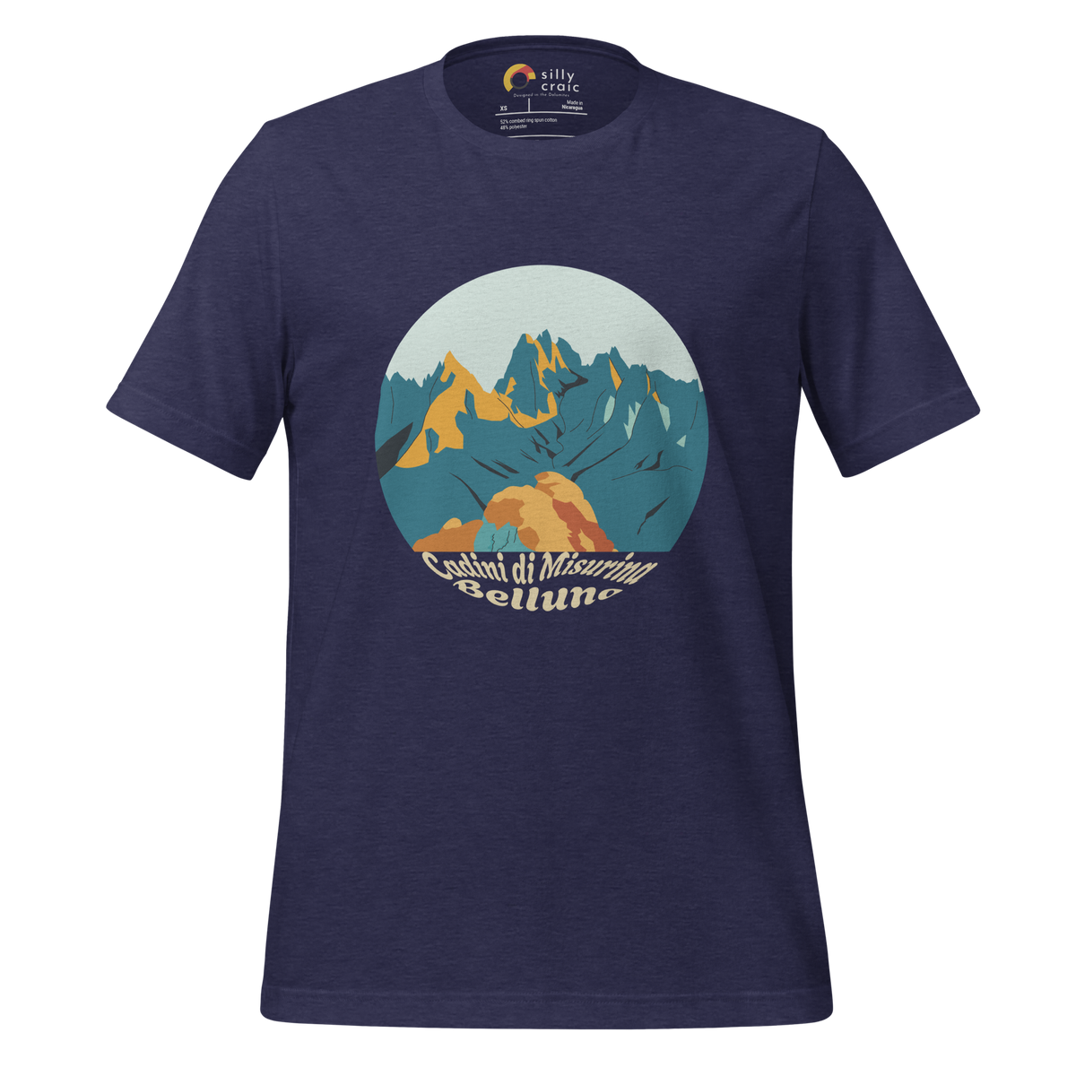 Cadini di Misurina men's t-shirt in Heather Midnight Navy – front print design