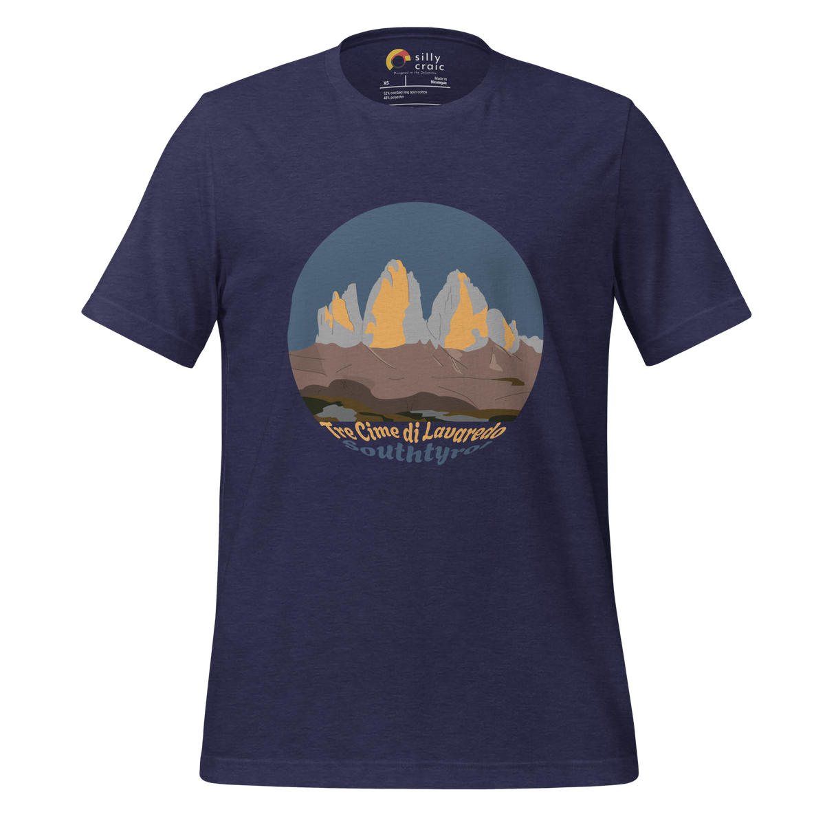 Tre Cime di Lavaredo men's t-shirt in Heather Midnight Navy – front print design