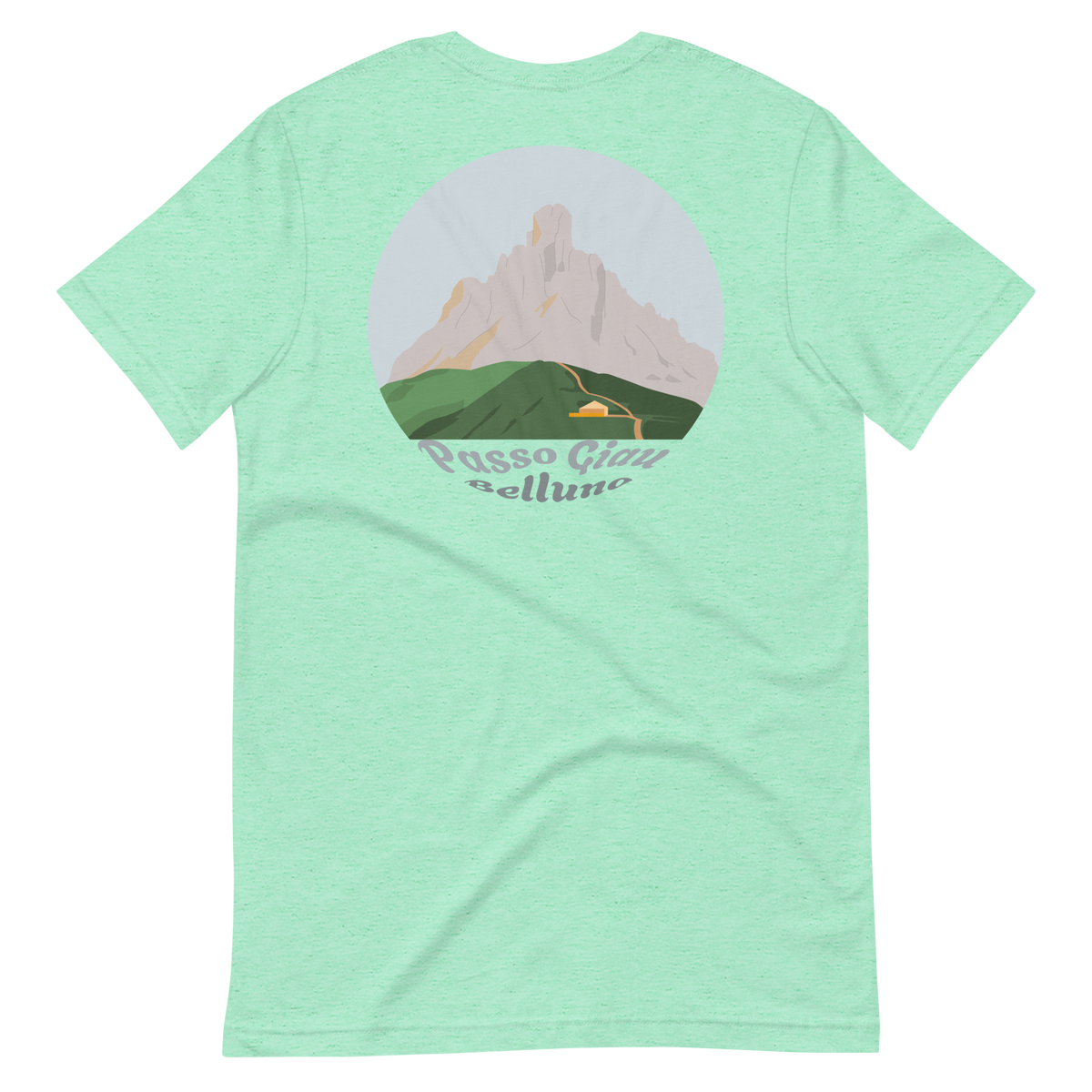 Passo Giau men's t-shirt in Heather Mint – back print design