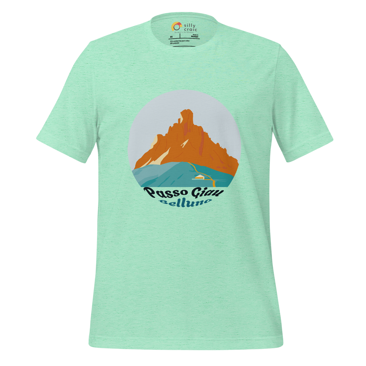 Passo Giau men's t-shirt in Heather Mint – front print design