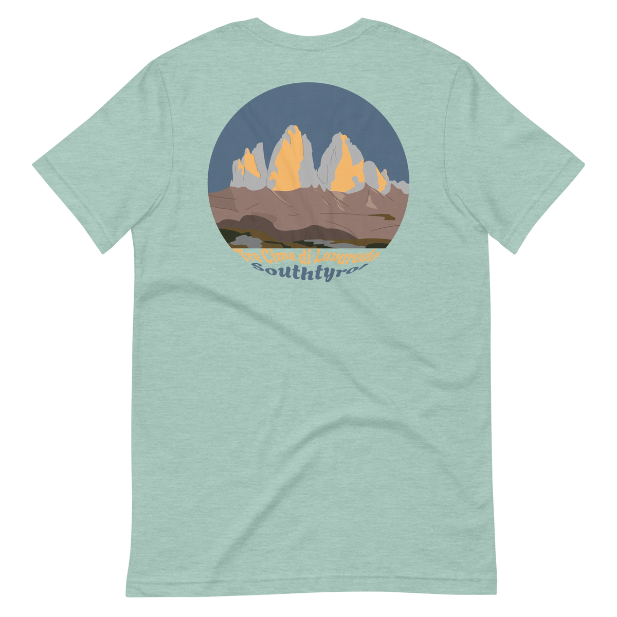 Tre Cime di Lavaredo men's t-shirt in Heather Prism Dusty Blue – back print design