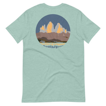 Tre Cime di Lavaredo men's t-shirt in Heather Prism Dusty Blue – back print design