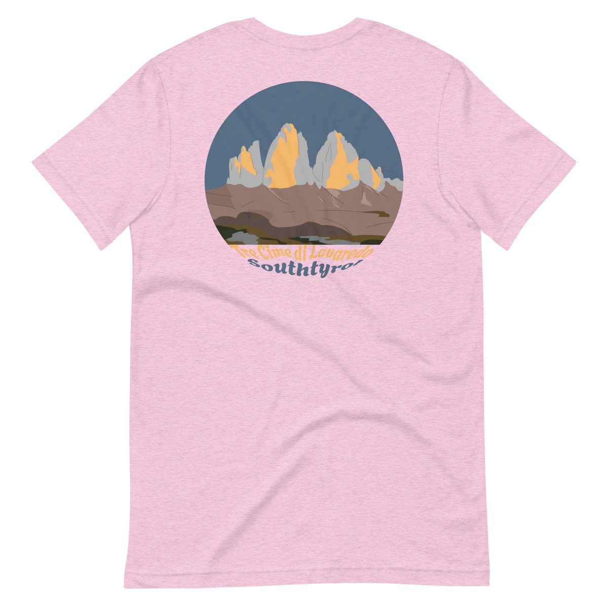 Tre Cime di Lavaredo men's t-shirt in Heather Prism Lilac – back print design