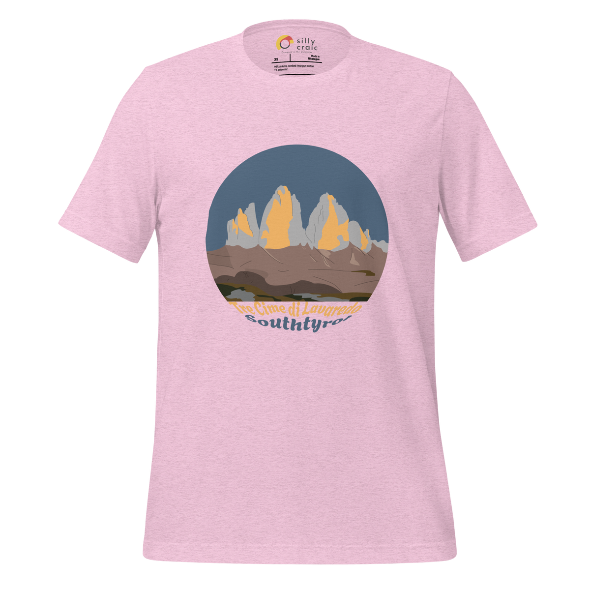 Tre Cime di Lavaredo men's t-shirt in Heather Prism Lilac – front print design
