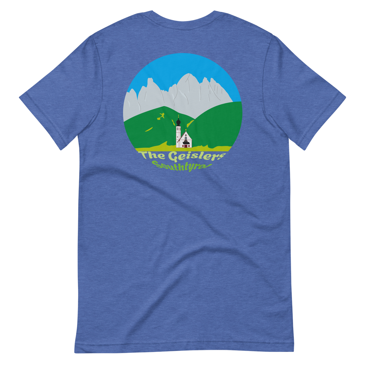 The Geislers men's t-shirt in Heather True Royal – back print design
