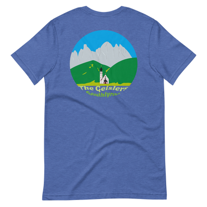 The Geislers men's t-shirt in Heather True Royal – back print design