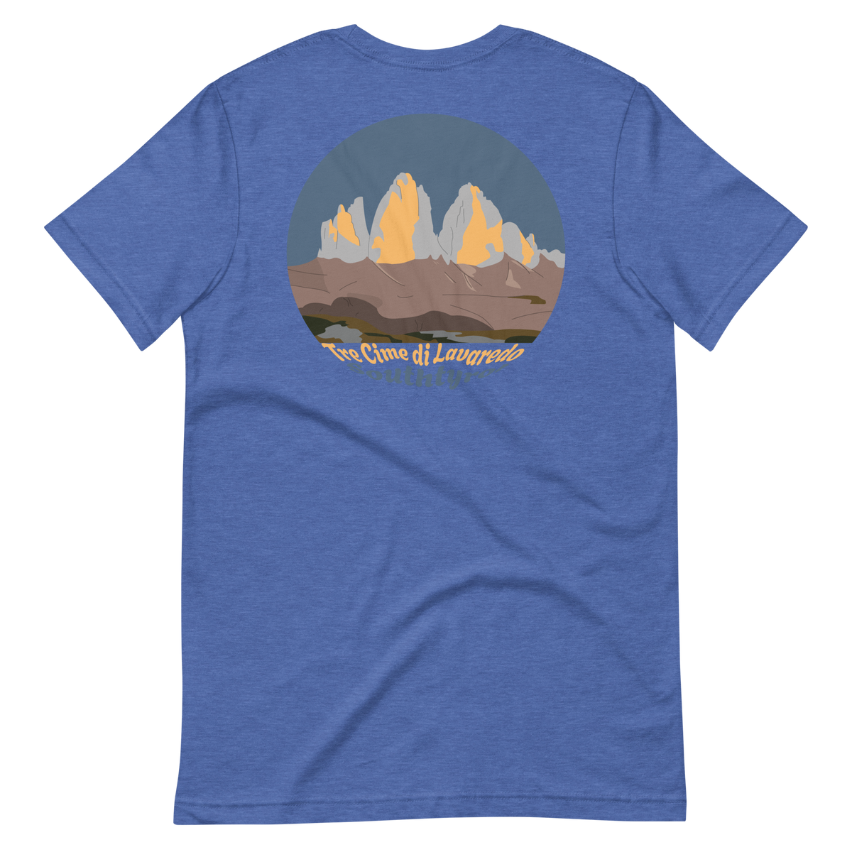 Tre Cime di Lavaredo men's t-shirt in Heather True Royal – back print design