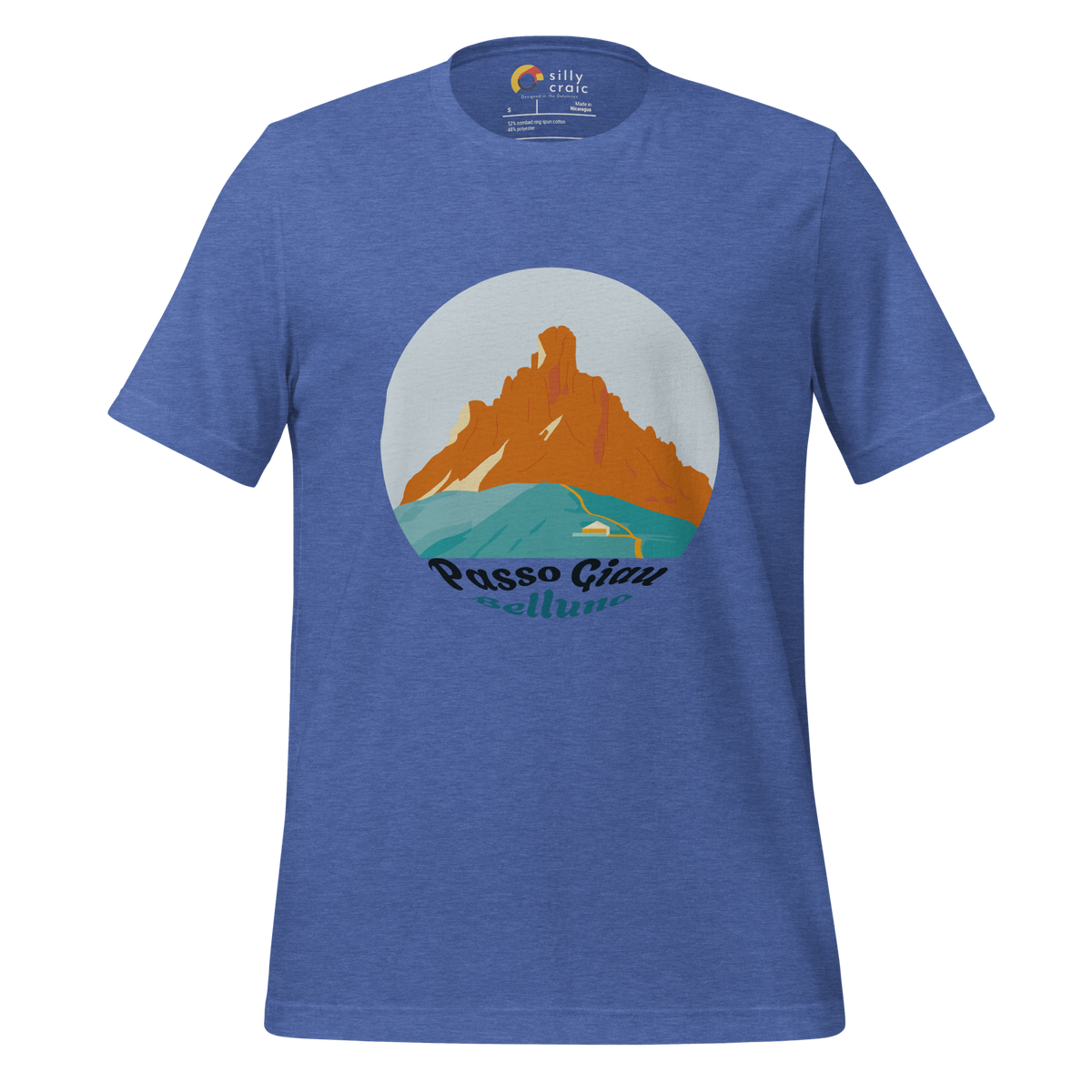 Passo Giau men's t-shirt in Heather True Royal – front print design
