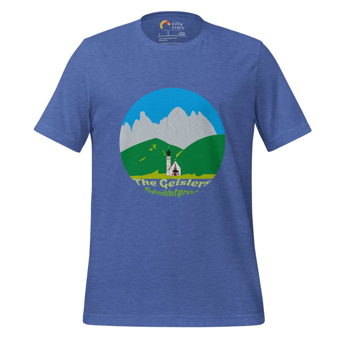 The Geislers men's t-shirt in Heather True Royal – front print design