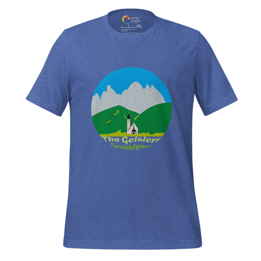 The Geislers men's t-shirt in Heather True Royal – front print design