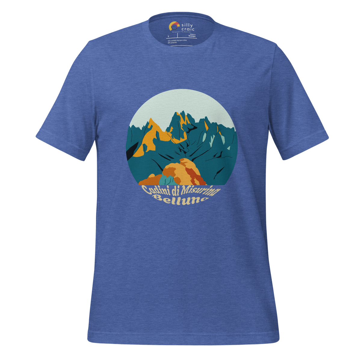 Cadini di Misurina men's t-shirt in Heather True Royal – front print design