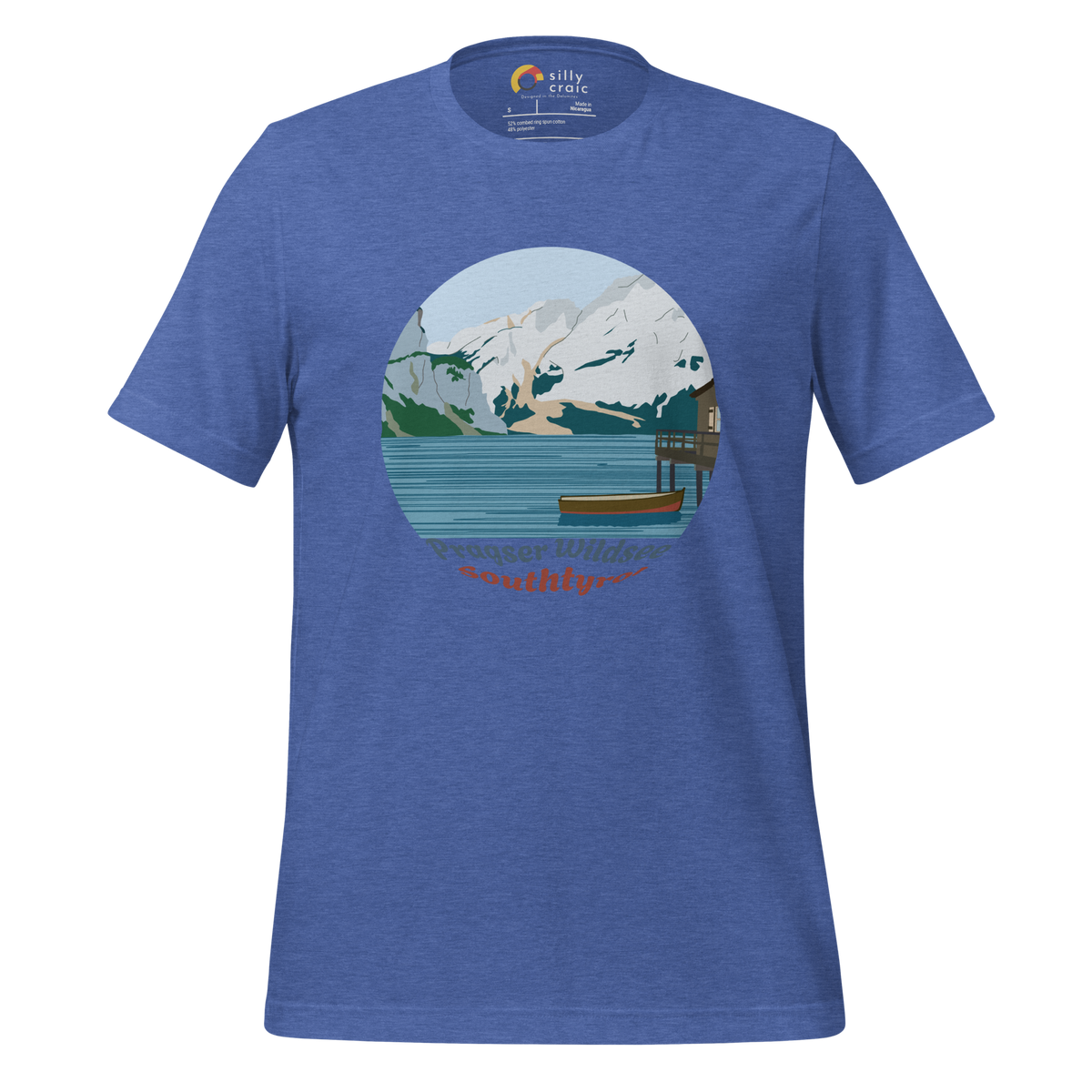 Lago di Braies men's t-shirt in Heather True Royal – front print design