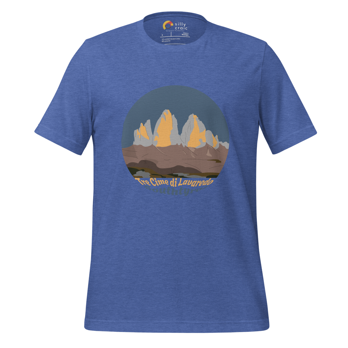 Tre Cime di Lavaredo men's t-shirt in Heather True Royal – front print design