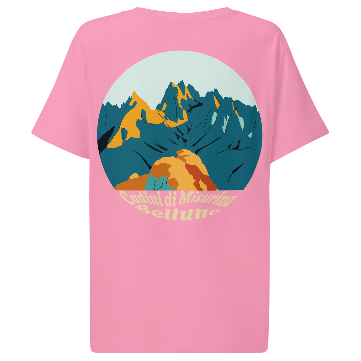 Cadini di Misurina women's t-shirt in Bubble Pink – back print design