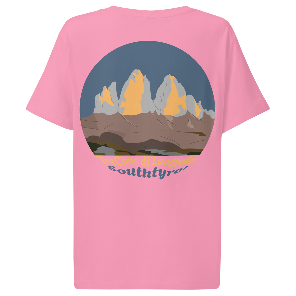 Tre Cime di Lavaredo women's t-shirt in Bubble Pink – back print design