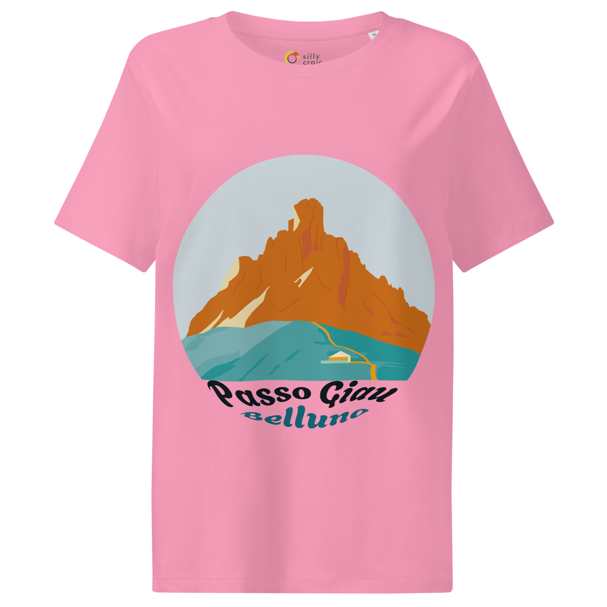 Passo Giau women's t-shirt in Bubble Pink – front print design