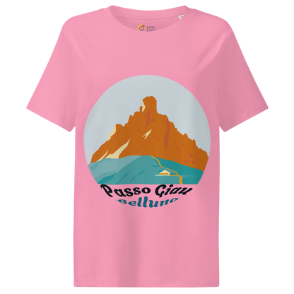 Passo Giau women's t-shirt in Bubble Pink – front print design