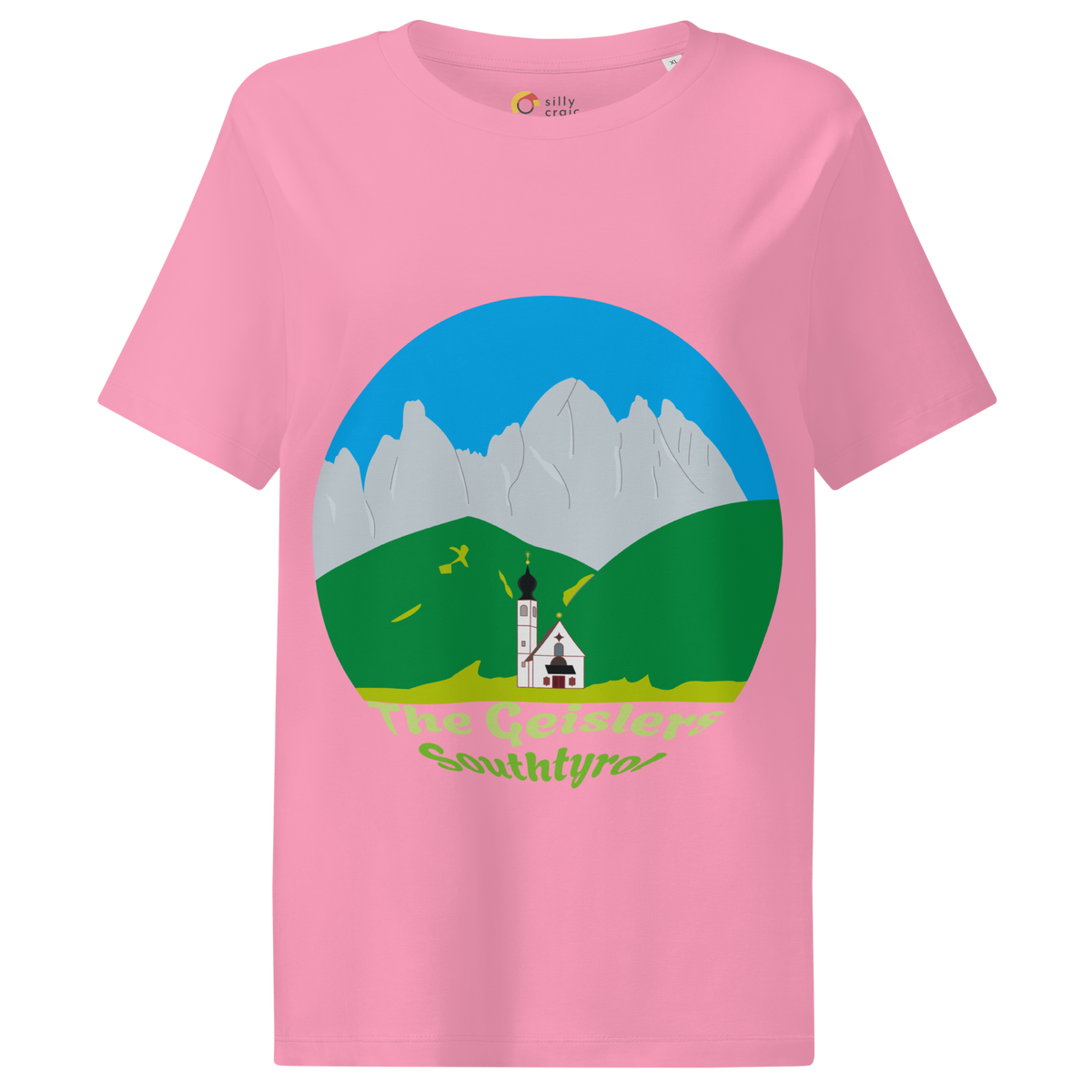 The Geislers women's t-shirt in Bubble Pink – front print design