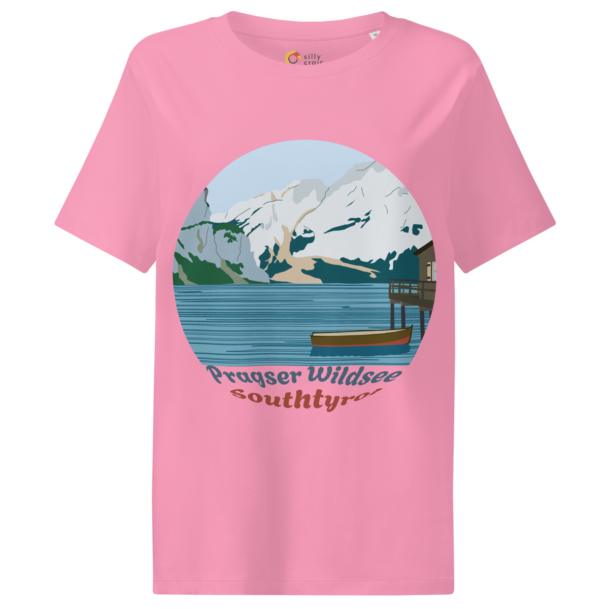 Lago di Braies women's t-shirt in Bubble Pink – front print design