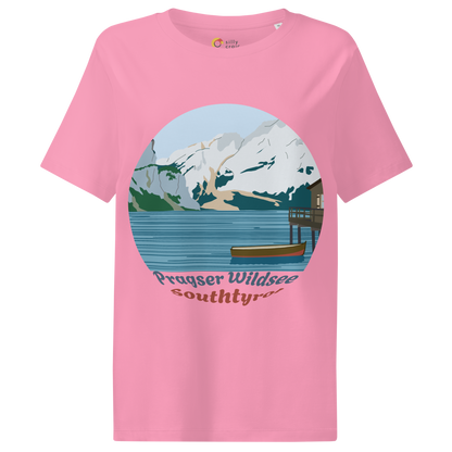 Lago di Braies women's t-shirt in Bubble Pink – front print design