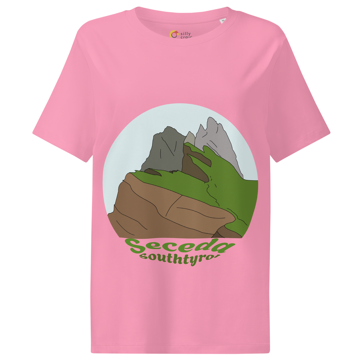 Seceda women's t-shirt in Bubble Pink – front print design