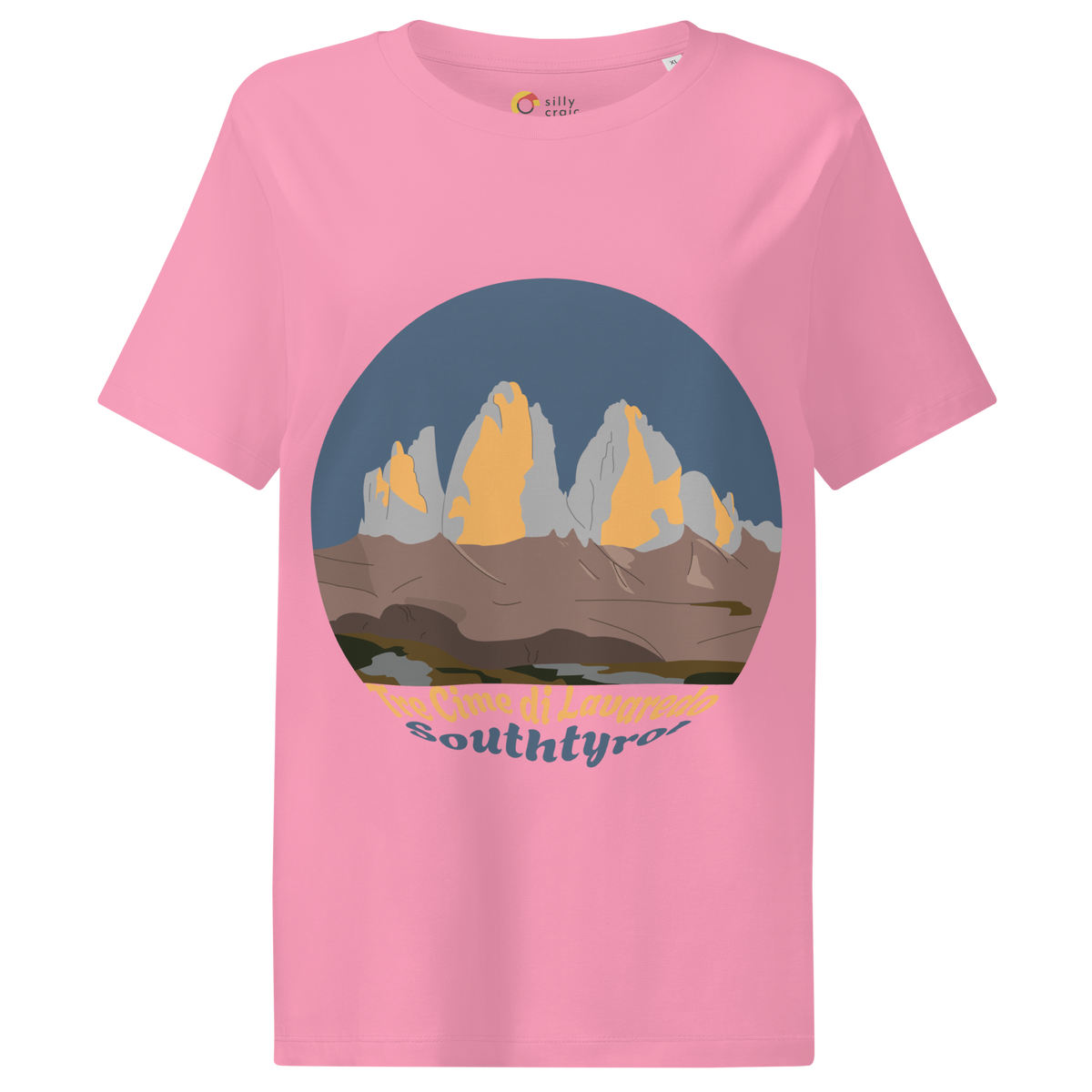 Tre Cime di Lavaredo women's t-shirt in Bubble Pink – front print design