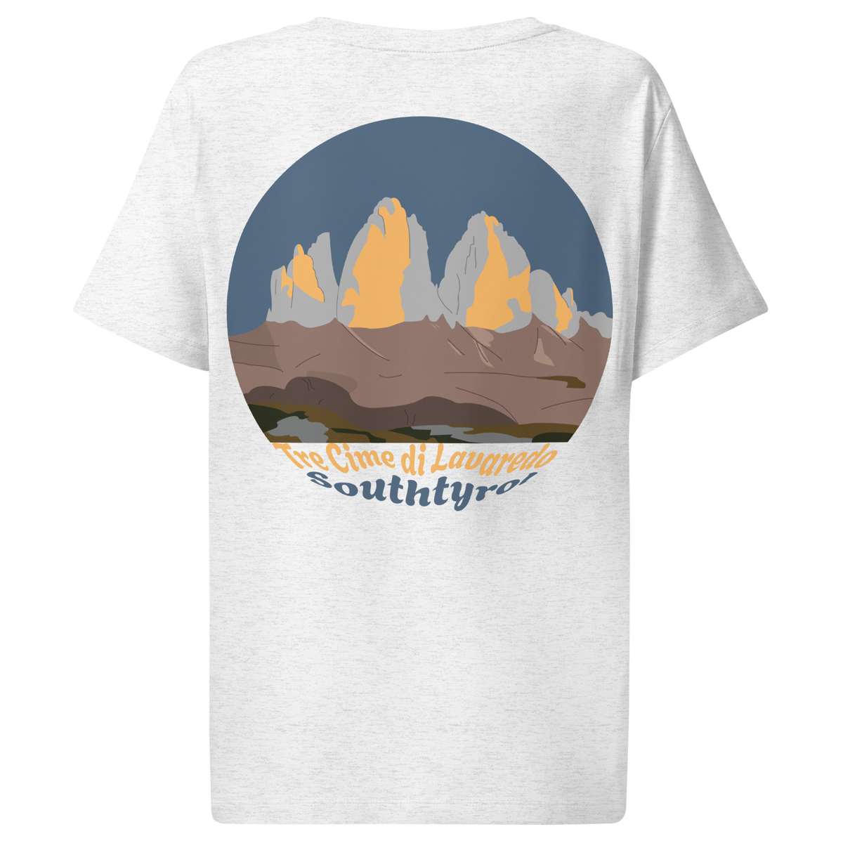 Tre Cime di Lavaredo women's t-shirt in Cool Heather Grey – back print design