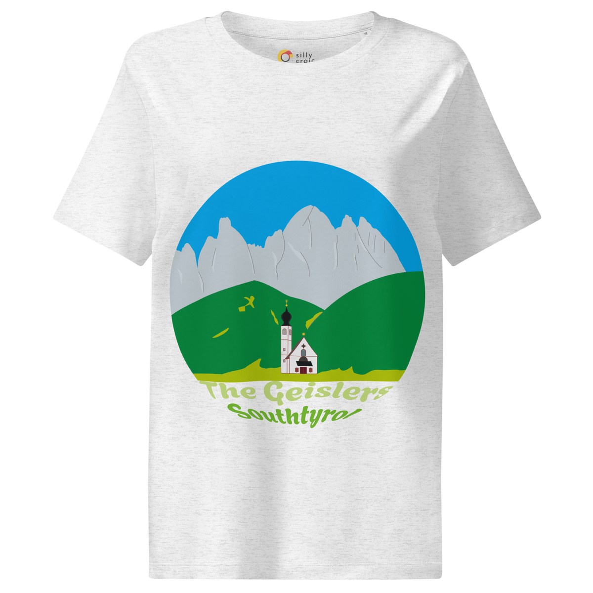 The Geislers women's t-shirt in Cool Heather Grey – front print design