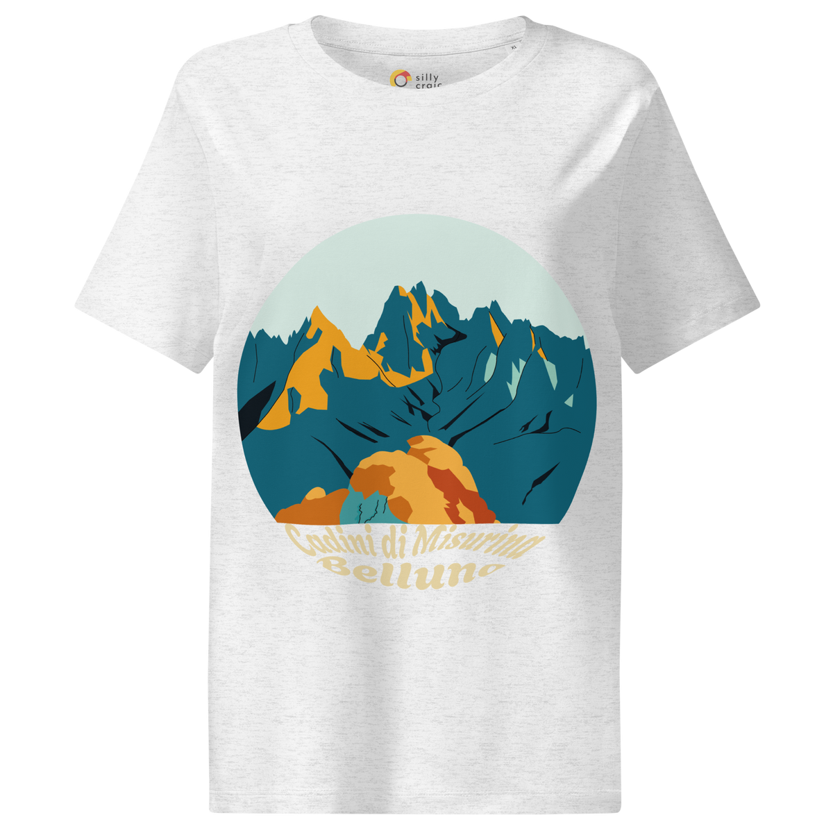 Cadini di Misurina women's t-shirt in Cool Heather Grey – front print design