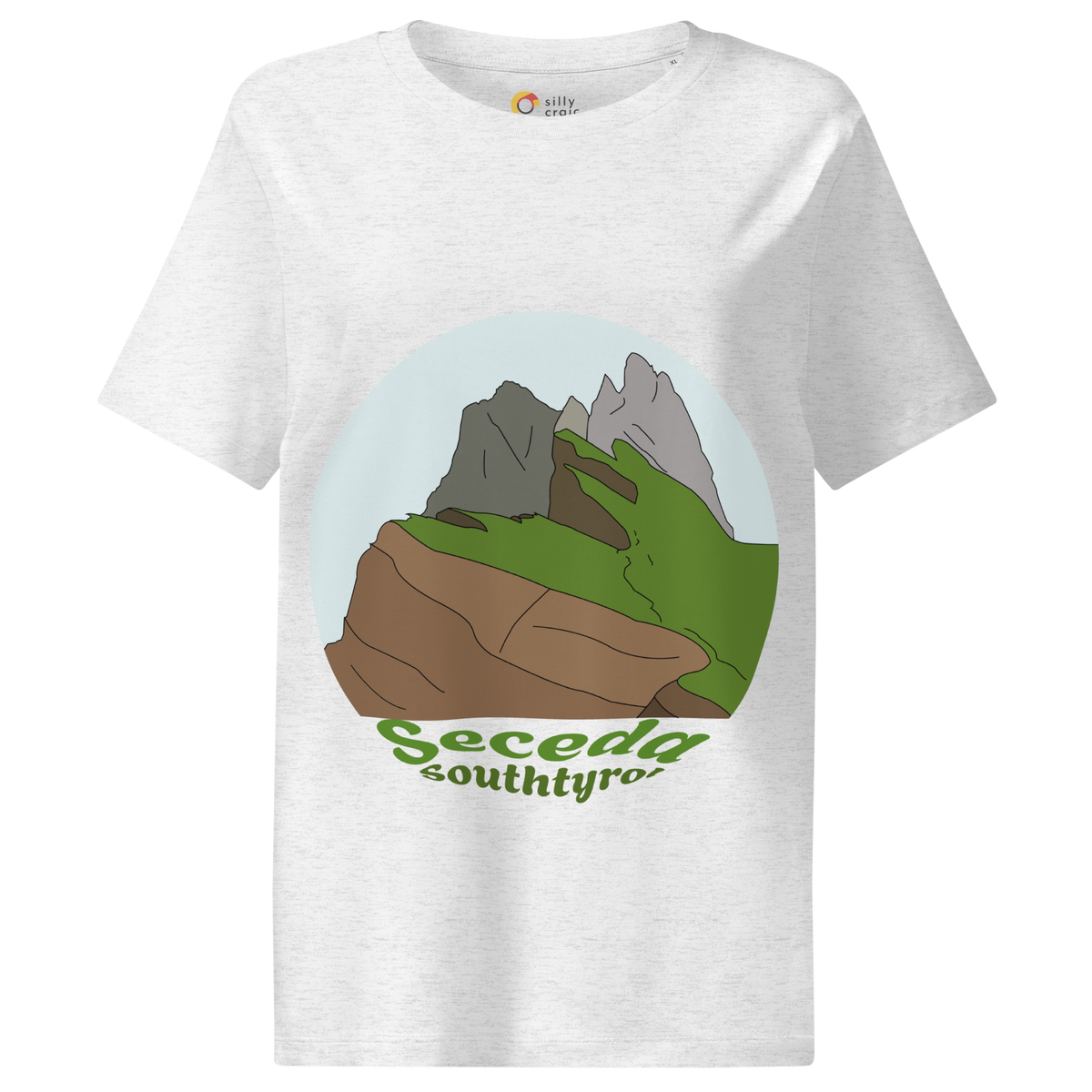 Seceda women's t-shirt in Cool Heather Grey – front print design